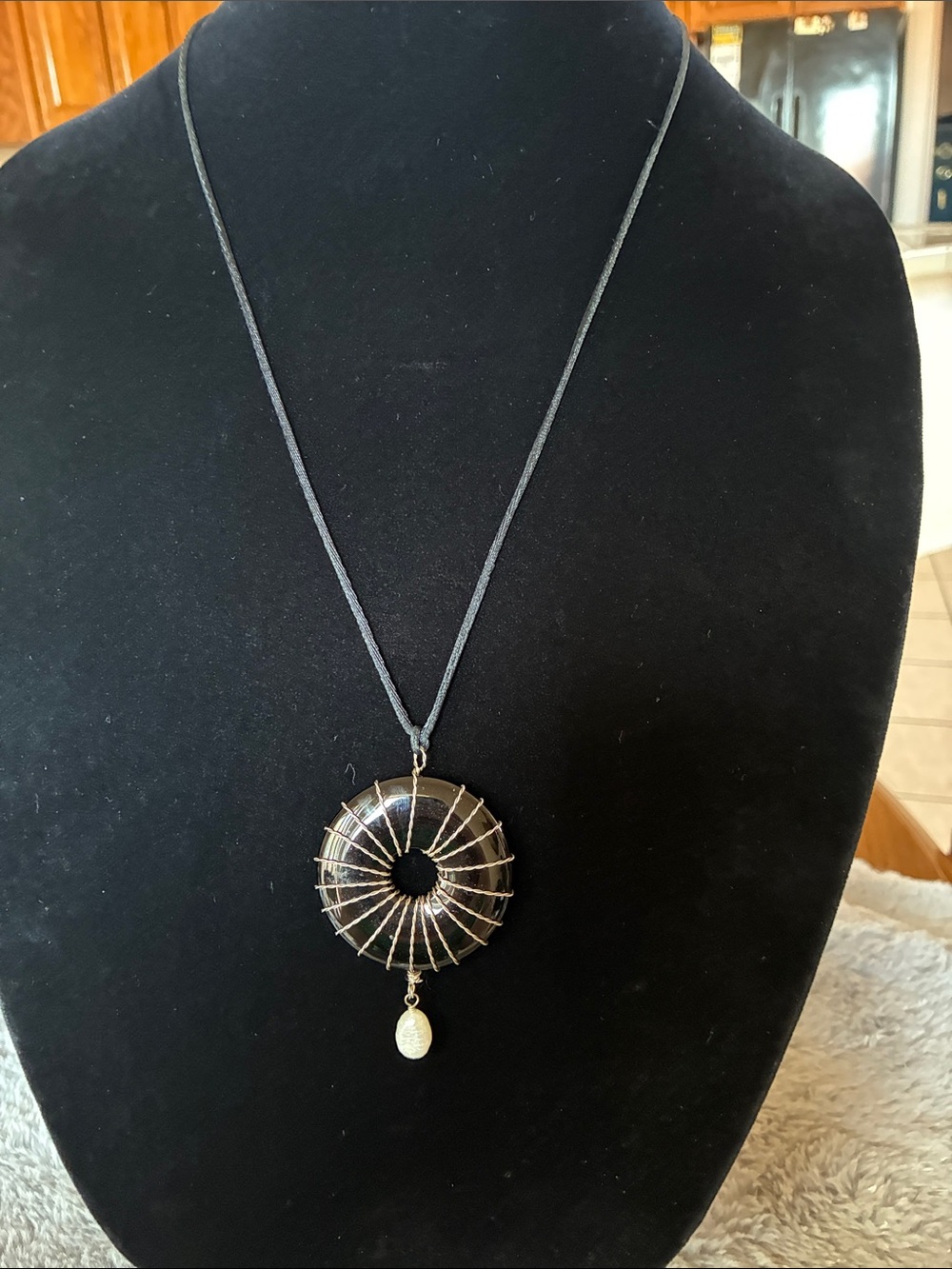 Handcrafted Black and Gold Donut Pendant Necklace